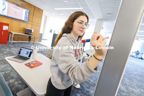 Jordan Bares, a senior forensic science major, writes notes on a whiteboard as she studies for her h