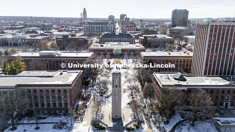 Aerial view of City Campus looking south from Mueller Bell Tower. Snow on City Campus. January 6, 20