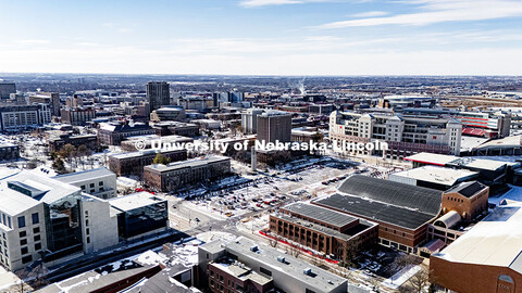 Aerial view of City Campus looking southwest from Howard Hawks Hall. Snow on City Campus. January 6,