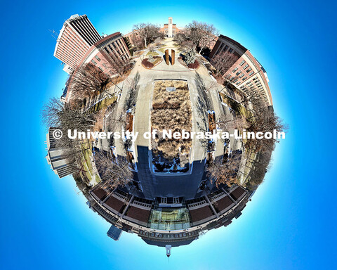 By distorting a panorama of UNL’s city campus, the space in-between Love Library and Mueller Tower