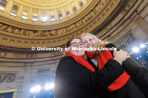 Analee Adams (left), a freshman secondary education major, hugs her grandmother, Ramiel Christensen,