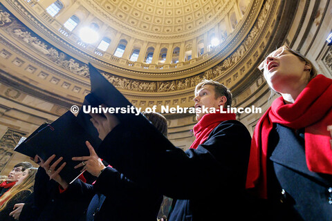 Members of the UNL Choir rehearse inside the United States Capitol Rotunda. Inauguration choir trip.