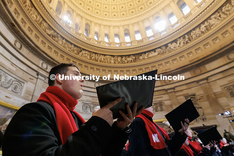 Members of the UNL Choir rehearse inside the United States Capitol Rotunda. Inauguration choir trip.