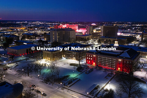 Aerial view from R street looking North on City Campus as it is lit up for 2025’ Glow Big Red even