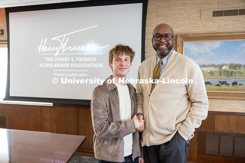 Luke McDermott and Chancellor Rodney D. Bennett pose for a portrait to honor McDermott's selection a