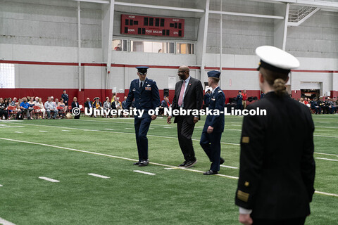Chancellor Bennett begins his review of Husker ROTC students. Joint Service Chancellor’s Review of