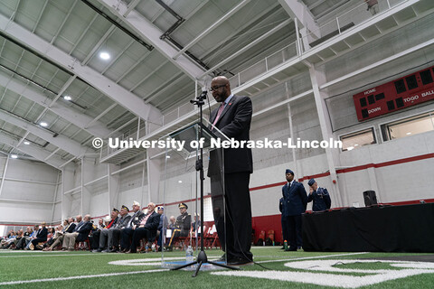 Chancellor Bennett gives remarks after his review of ROTC students. Joint Service Chancellor’s Rev