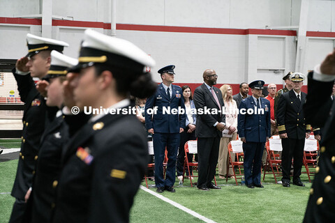 Chancellor Bennett watches on as ROTC students march to conclude the ceremony. Joint Service Chancel