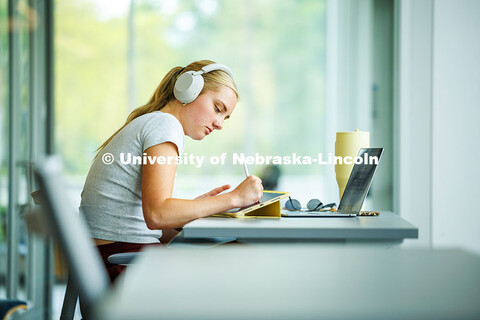 Amelia Stamm, a Junior Speech-Language Pathologist, studies for finals in the Dinsdale Family Learni