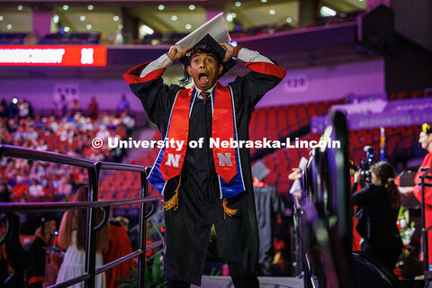 Biological Sciences major, Nathan Warjri makes a face into the HuskerVision camera after receiving h