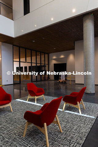 Chairs in the central lobby of the new Hixson-Lied College of Fine and Performing Arts music buildin