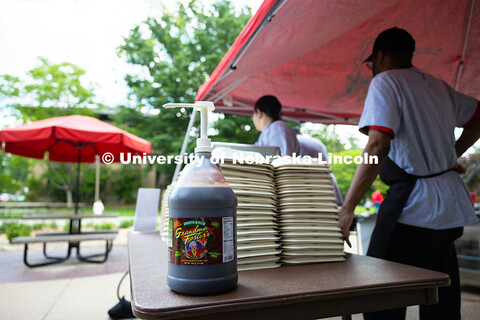 A jug of Grandma Foster's mild barbecue sauce is ready for customers at the East Campus Dining Servi