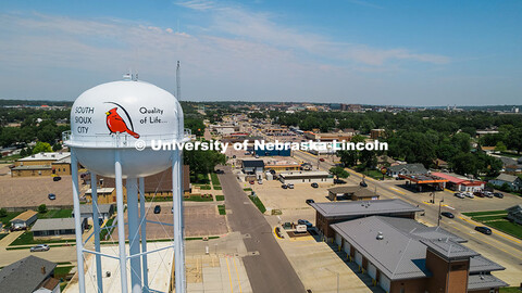 Aeiral view of downtown South Sioux City and water tower in Nebraska. June 11, 2025. 