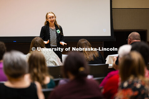 Emily Brhel, 17, speaks during the Nebraska 4-H prepared speech senior division finals. Brhel spoke 