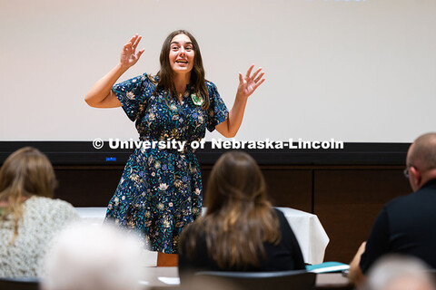 Kara Brockman, a rising senior at Elwood Public Schools, gives her speech to judges, fellow competit