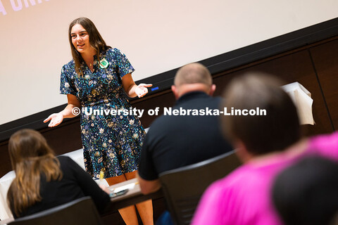 Kara Brockman, a rising senior at Elwood Public Schools, gives her speech to judges, fellow competit
