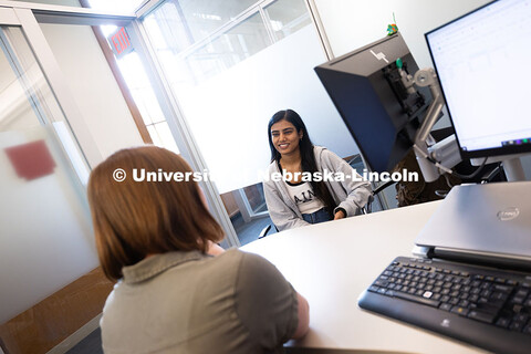 Laura Britten, Academic Navigator in the Explore Center, speaks with Swati Yadav, a sophomore studyi