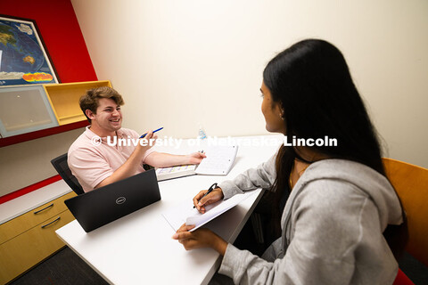 Students Jacob Behnk and Swati Yadav use the Study Stop in the Center for Academic Success and Trans