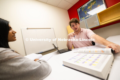 Students Jacob Behnk and Swati Yadav use the Study Stop in the Center for Academic Success and Trans