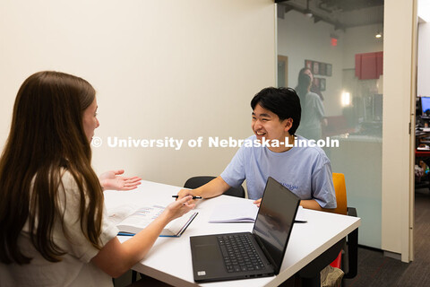 Students Kyanne Casperson and Jimmy Truong use the Study Stop in the Center for Academic Success and