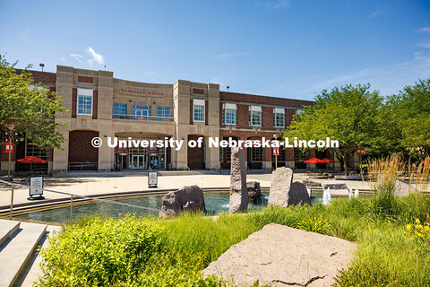 North side exterior view of the Nebraska Union and the Broyhill Fountain on City Campus. June 25, 20