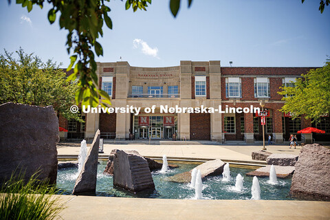 North side exterior view of the Nebraska Union and the Broyhill Fountain on City Campus. June 25, 20