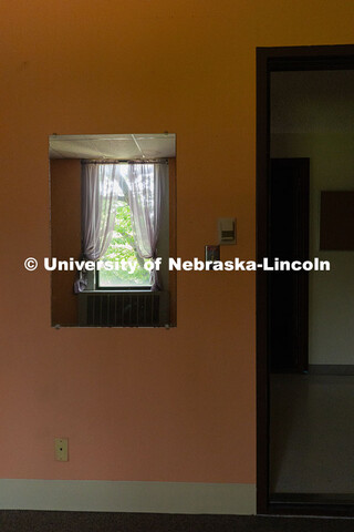 Lavender curtains remain in one of the former faculty offices in the old Westbrook Music Building pr