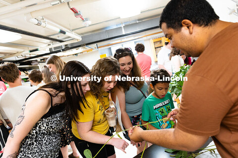 Thales Rodrigues da Silva, a grad student studying entomology and plant pathology, shows a soybean p
