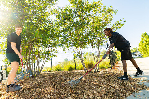 First-year students Glazier Demma and Winner Mutoke rake mulch onto landscaping in front of the entr