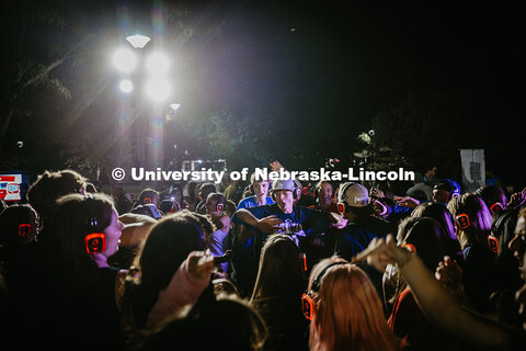 A student dances in the middle of a dance circle during the Big Red Welcome Party at the Union. Augu