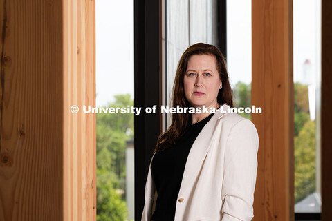 Portrait of Sonya Türkman, Assistant Professor of Interior Design, in Architecture Hall. September 