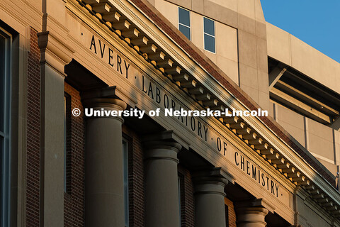 Morning sunlight throws the shadow of a tree across the front of Avery Hall on city campus. Septembe