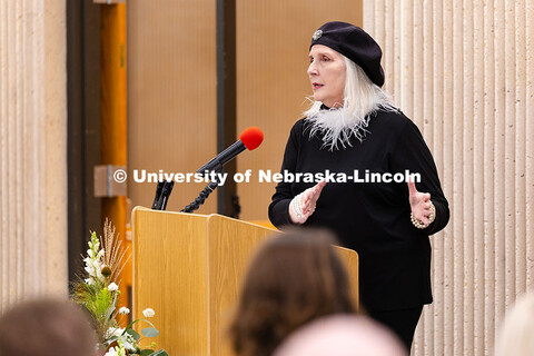 Artist Karen Blessen speaks about her work during a reception celebrating her exhibition in Love Lib