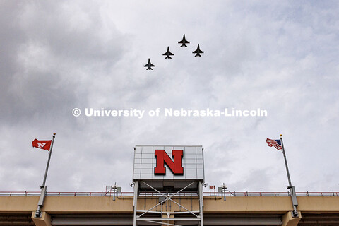 Lead by UNL alum Lieutenant Colonel Kent “Levi” Moody, four F-16 aircrafts from the 162nd Wing A