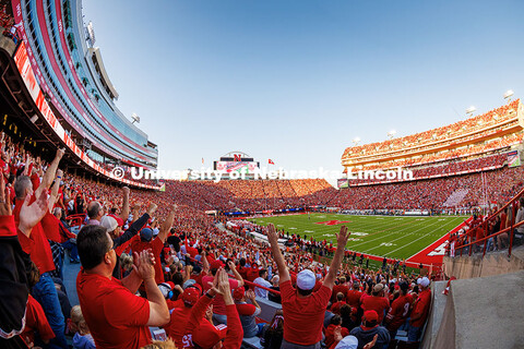 Wide shot of a fan cheering during the Nebraska vs Akron football game. September 9, 2025. 
