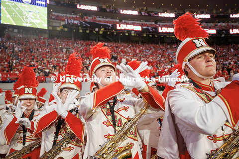 Band members “throw the bones” during the Nebraska vs Akron football game. September 9, 2025. 