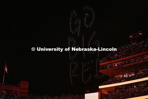 Drones display “Go Big Red” during the end of the 3rd quarter light show at the Nebraska vs Akro