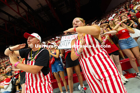 Jacob Gill and Makenna Zimmerman, both sophomores studying secondary education, are wearing striped 