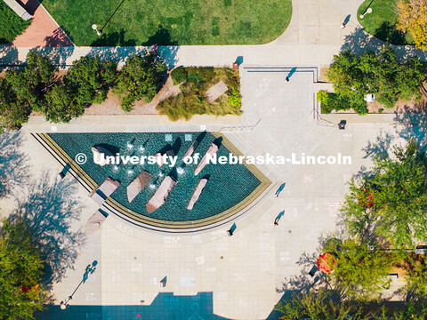 Aerial of Nebraska Union Memorial Plaza and Broyhill Fountain. City Campus Aerials. September 22, 20
