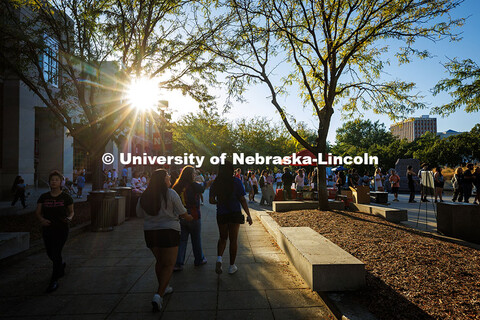 A wide shot of the Fiesta on the Green celebration in front of the Nebraska Union on city campus. Fi