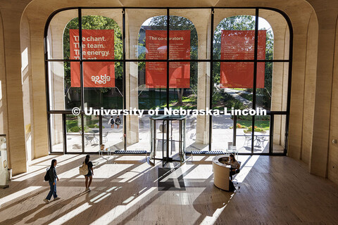 Students in the Music for Non-Majors 171: Arts Alive at Nebraska course exit through the lobby of th