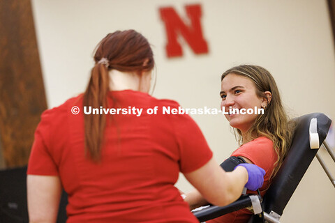 Anna Vander Pol, junior elementary education major, gives blood during the 2025 Homecoming Blood Dri
