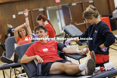 Owen Weiche, junior political science major, prepares to give blood during the 2025 Homecoming Blood