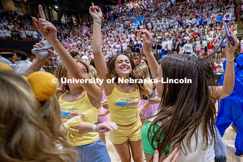 Members of Alpha Xi Delta dance and cheer at the end of the Showtime competition at the Coliseum. Se
