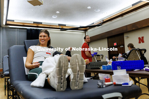 Ashley Ouska, a sophomore Marketing major, donates blood for the We Give Blood Drive in the Nebraska