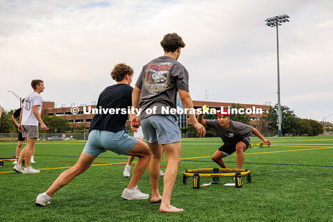 Members of the Phi Delta Theta fraternity play Spike Ball during the Yard Games Competition on the V