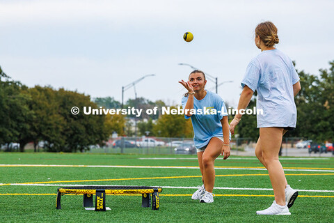Junior, Carmela VanZyl, plays Spike Ball with her sorority sister during the Yard Games Competition 