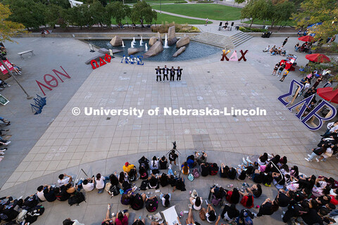 The steps in front of the Nebraska Union are packed by the audience for the first Homecoming Yard Sh