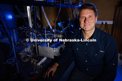 Herman Batelaan, Professor of Physics and Astronomy, poses for a portrait inside his lab in Jorgense