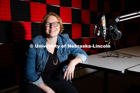Kelli Boling, Assistant Professor of Advertising and Public Relations, in the podcast studio in Ande
